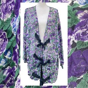 Vintage 90s Alexander Brown Floral Sheer Cardigan Lace Tie Rayon Purple Green XL